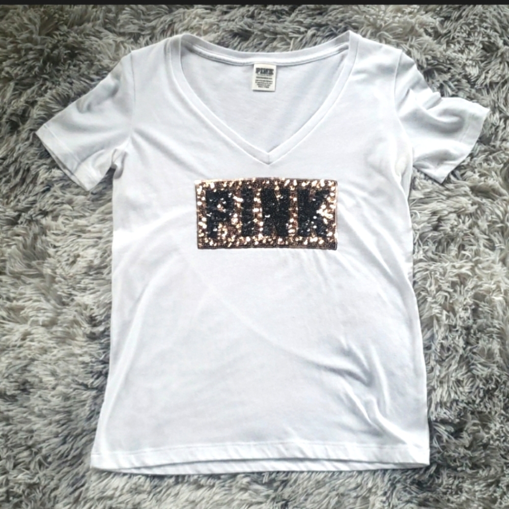 VICTORIA SECRET PINK SHIRT / WITH GOLD AND BLACK BLING (X-SMALL)
